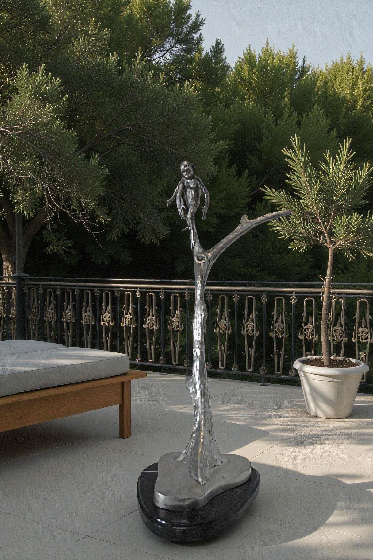 Monkey Resting on a Tree Silver Finish Bronze Statue - Size: 12" x 13" x 27"H.