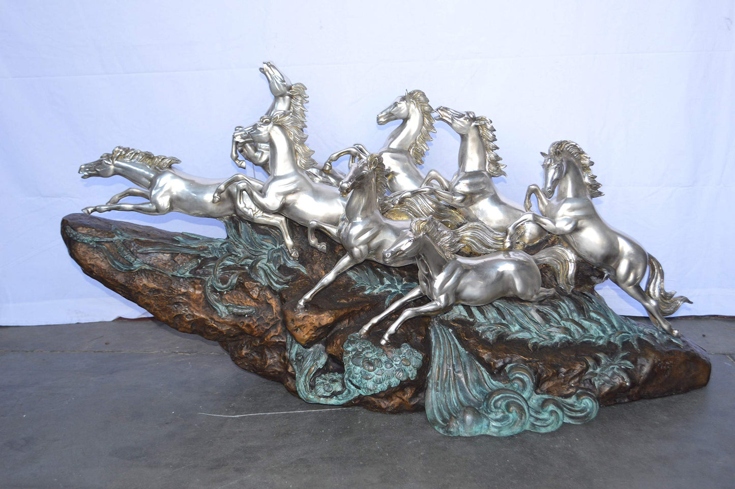 Eight Horses Running Bronze Statue Silver Finish -  Size: 59"L x 20"W x 28"H.