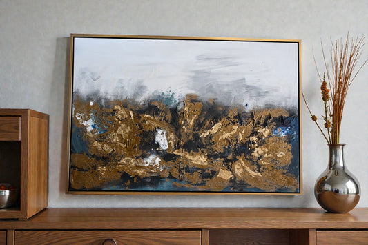 Steel Symphony Abstract Canvas Painting Gold Teal Framed 41"x61"