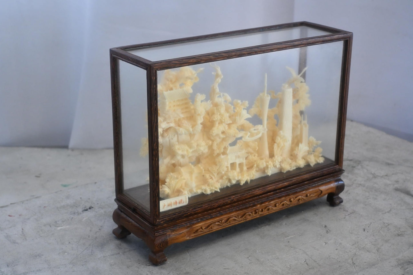 Carved Resin Guangzhou Cityscape Diorama in Wood Case 12"x4"x9"H