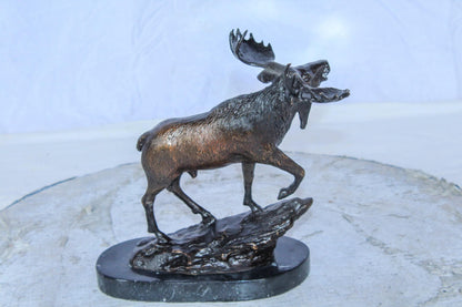 Bronze Moose Statue on Marble Base with Antlers Raised 10" x 6" x 9"H