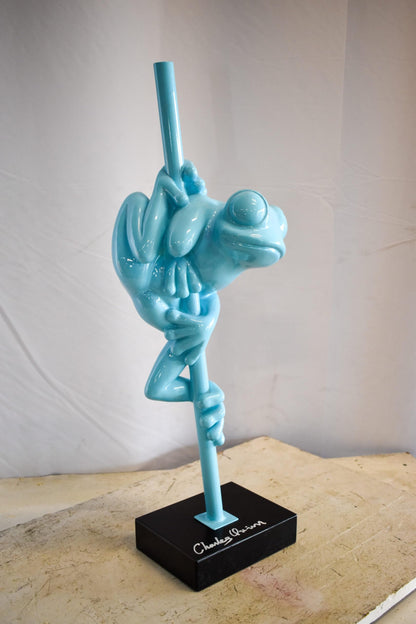 Modern Light Blue Lively Frog on Branch Resin Statue 10" x 8" x 28"H