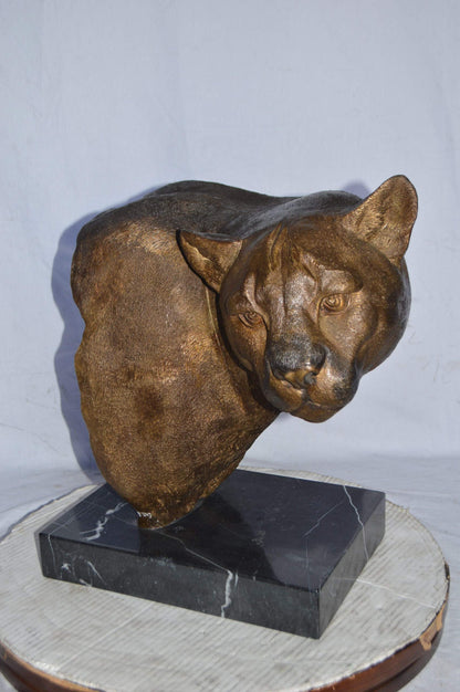 Mountain Lion Head bronze statue on a marble base - Size: 18"L x 15"W x 21"H.