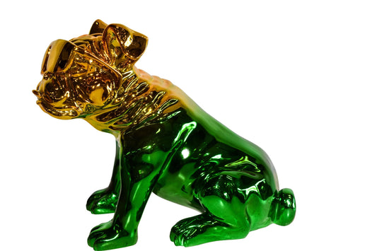 Ombre Green Chrome Bulldog Resin Statue - Pop Art Home Decor, 16"L x 9"W x 13"H