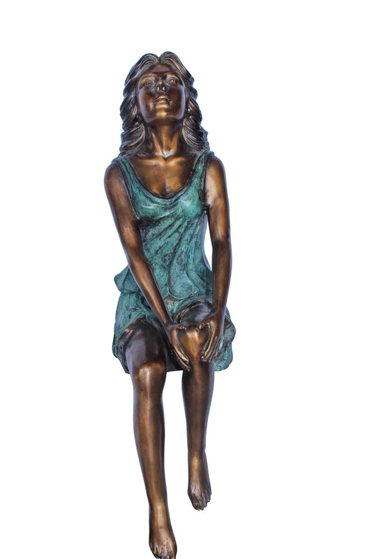 Graceful Young Woman Sitting on the Ledge Bronze Statue 13" x 7" x 23"H