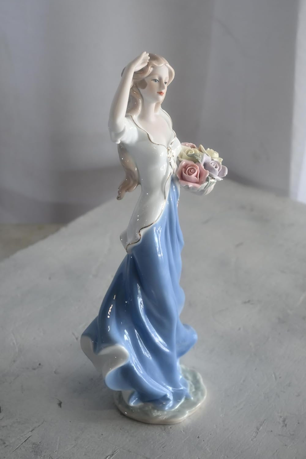 Porcelain Lady White Top Blue Skirt Holding Rose Bouquet 5"x4"x12"H