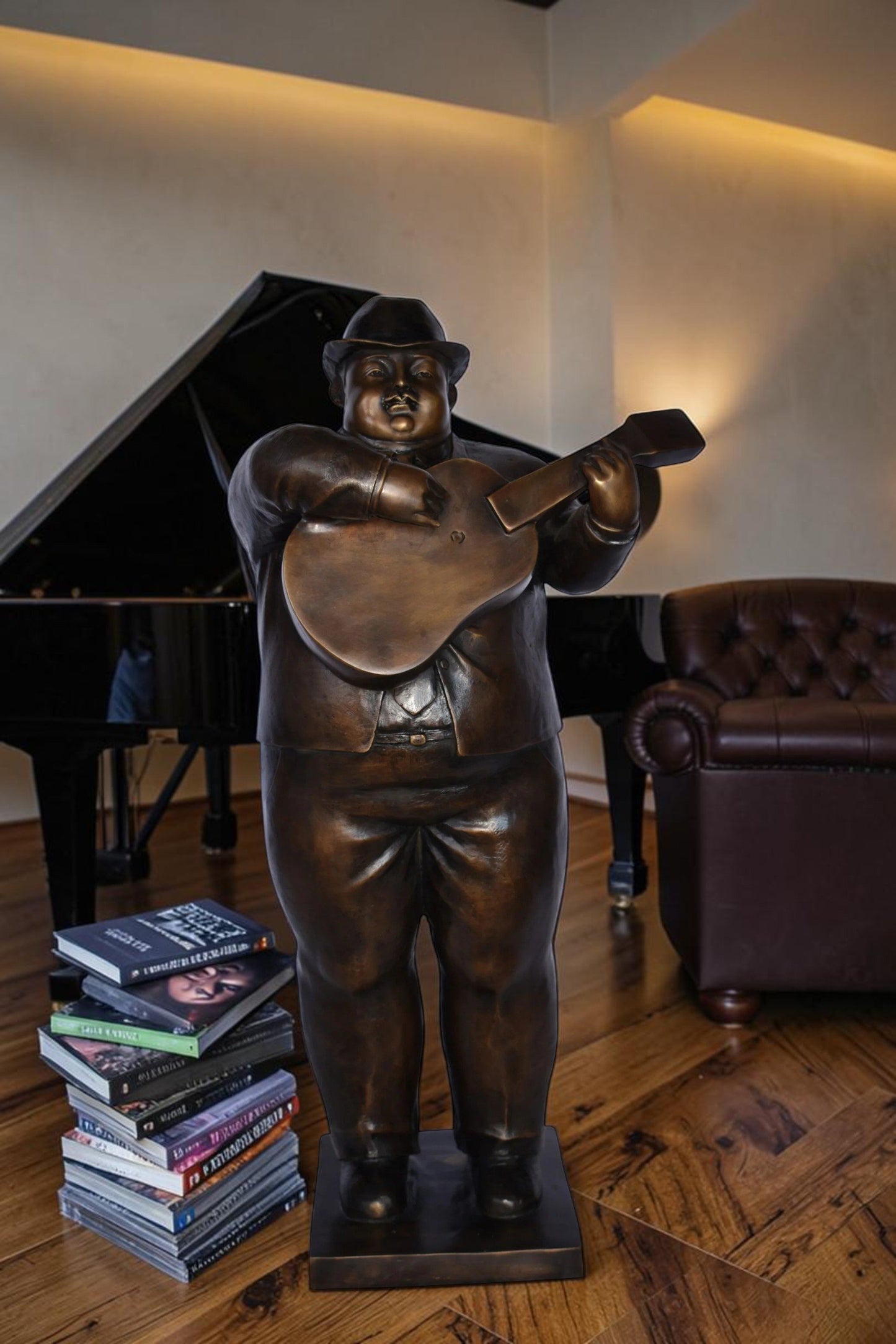 Man Playing  Guitar Fernando Botero Style Bronze Statue - 14" x 11" x 30"H.