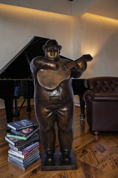 Man Playing  Guitar Fernando Botero Style Bronze Statue - 14" x 11" x 30"H.