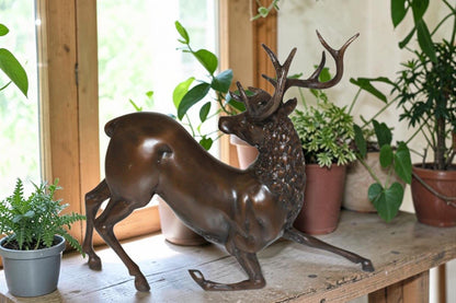 Deer Bronze Statue -  Size: 12"L x 5"W x 10.5"H.