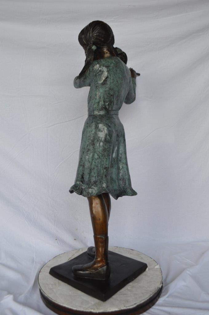 Girl playing flute large bronze statue -  Size: 30"L x 15"W x 50"H.