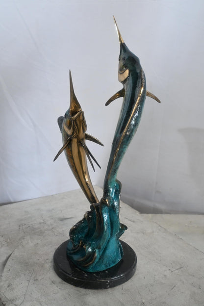 Two Marlin Bronze Sculpture Ocean Wave Game Fish 9"x9"x23"H