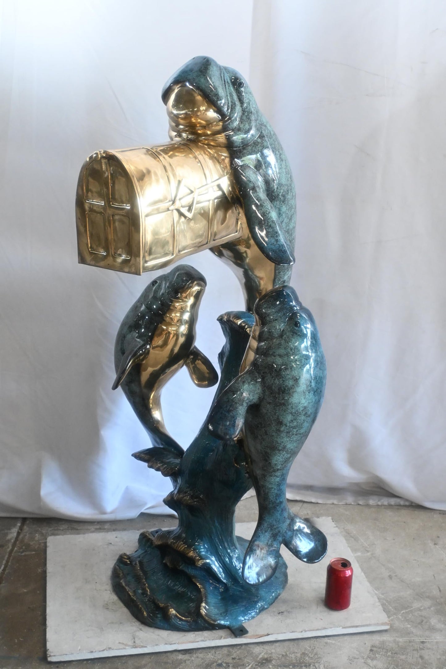 Bronze Manatee Mailbox Sculpture with Three Sea Cows 27"x27"x55"H