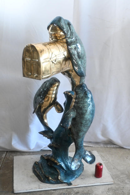 Bronze Manatee Mailbox Sculpture with Three Sea Cows 27"x27"x55"H