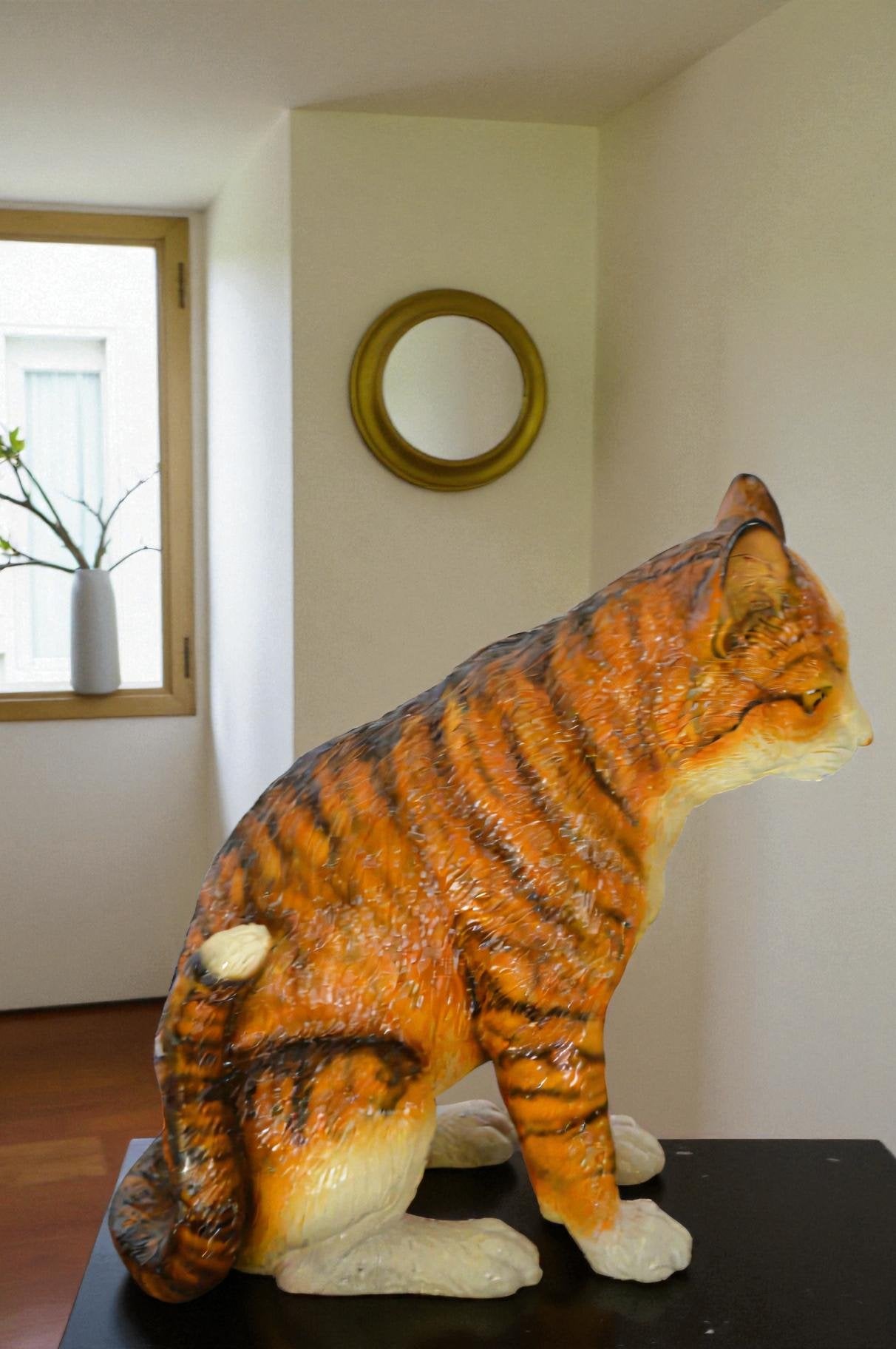 Colored Cat Sitting Bronze Statue -  Size: 6"L x 11"W x 11"H.