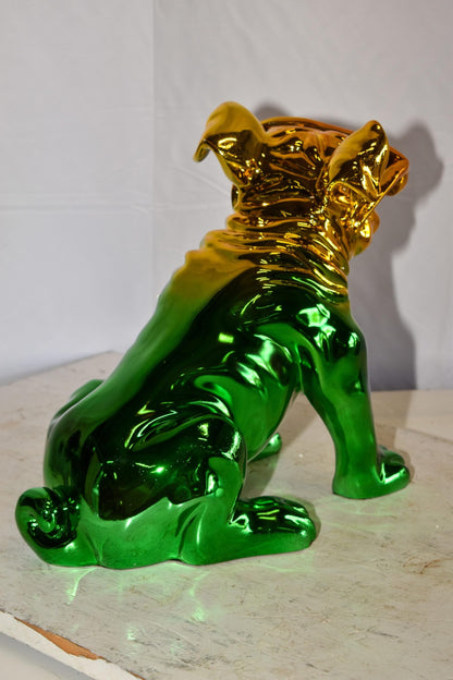 Ombre Green Chrome Bulldog Resin Statue - Pop Art Home Decor, 16"L x 9"W x 13"H
