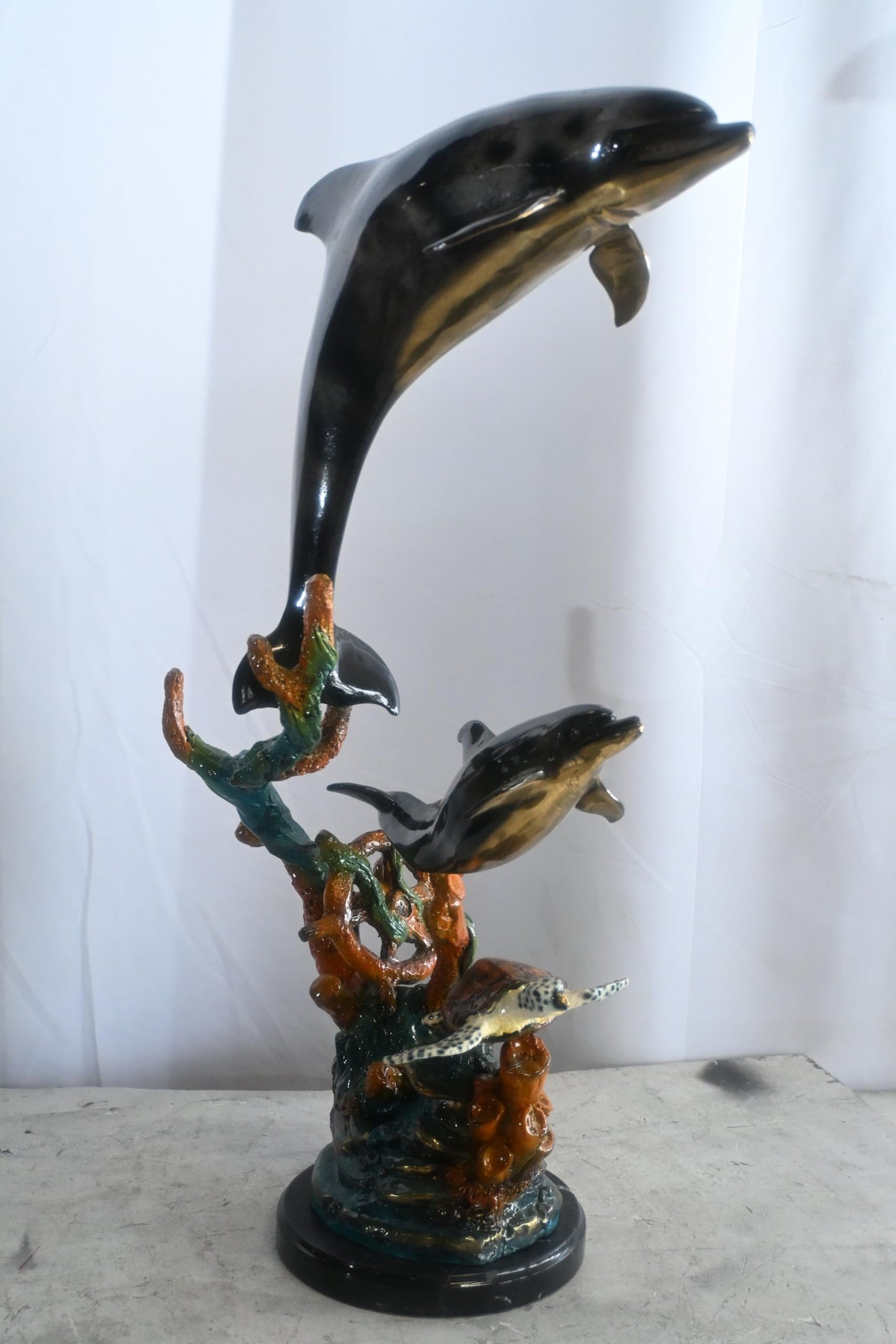 Two Dolphins with Sea Turtle on Coral Bronze Sculpture 18"x10"x29"H