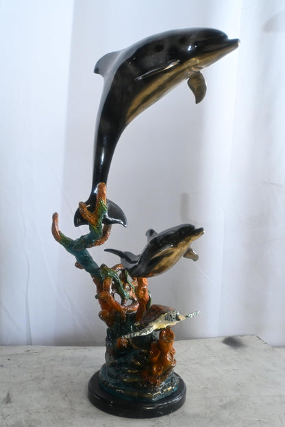 Two Dolphins with Sea Turtle on Coral Bronze Sculpture 18"x10"x29"H