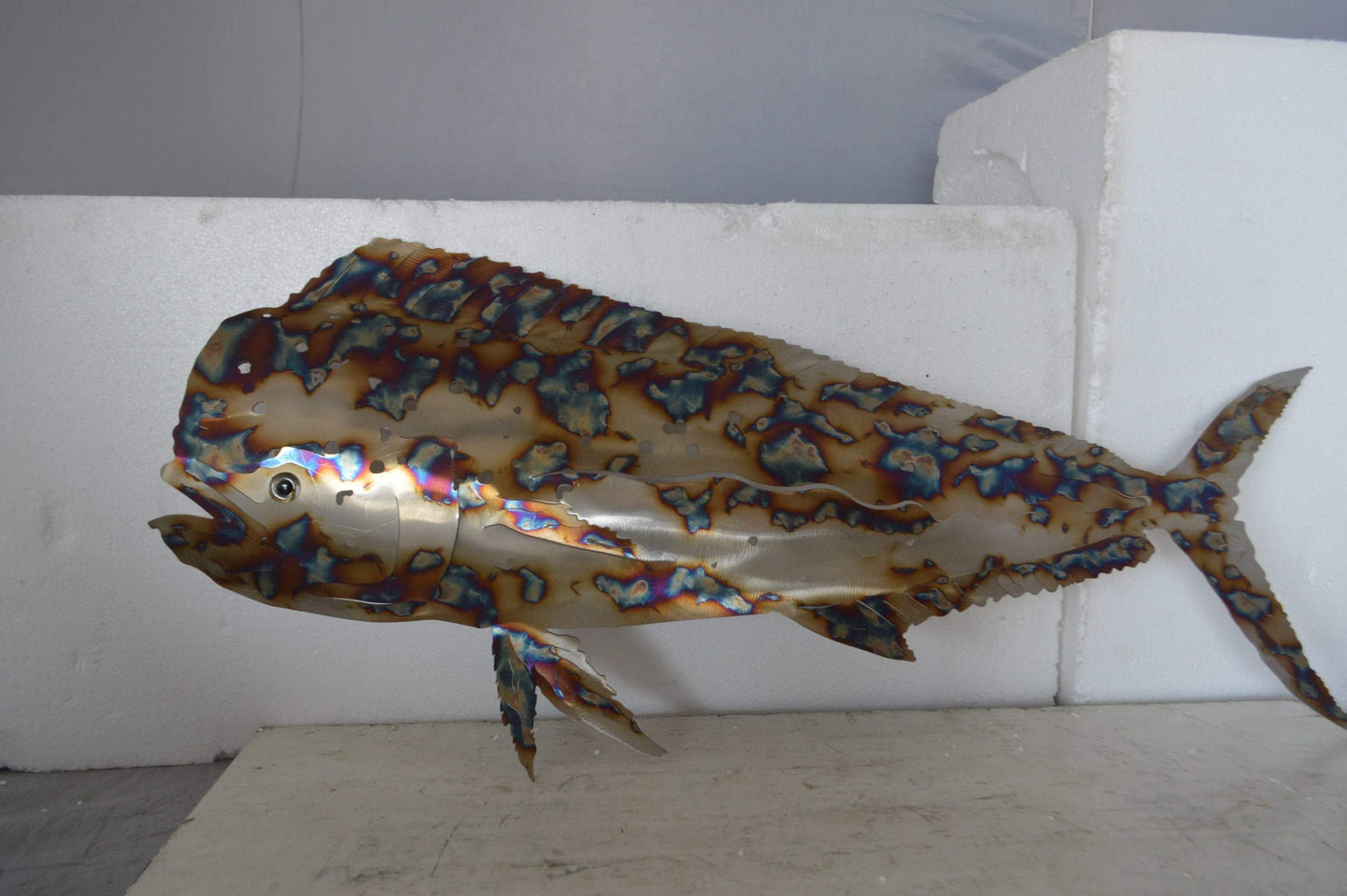 Mahi Mahi laser cut steel wall mounted - Size: 33"L x 2"W x 13"H.