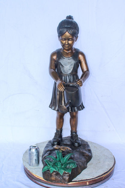 Bronze Statue of a Little Girl Watering Flowers 34" x 14" x 47"H