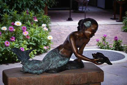 A Little Mermaid Holding A Shell Bronze Fountain Art Nude: 15" x 37" x 20"H