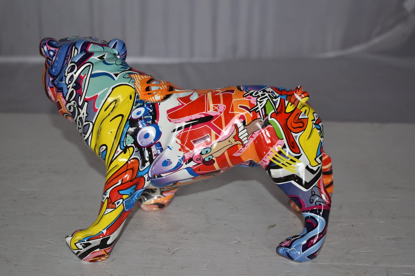 Modern Happy Graffiti Resin Bulldog Statue Looking to the Right  10" x 5" x 7"H