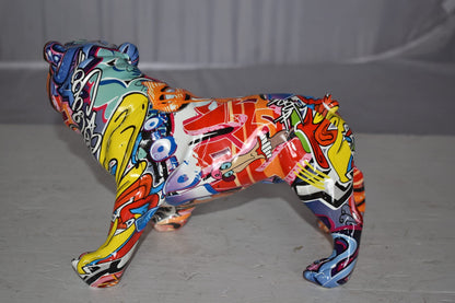Modern Happy Graffiti Resin Bulldog Statue Looking to the Right  10" x 5" x 7"H