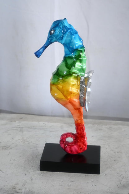 Blue to Red Rainbow Seahorse Statue Painted Aluminum Art 6"x4"x15"H