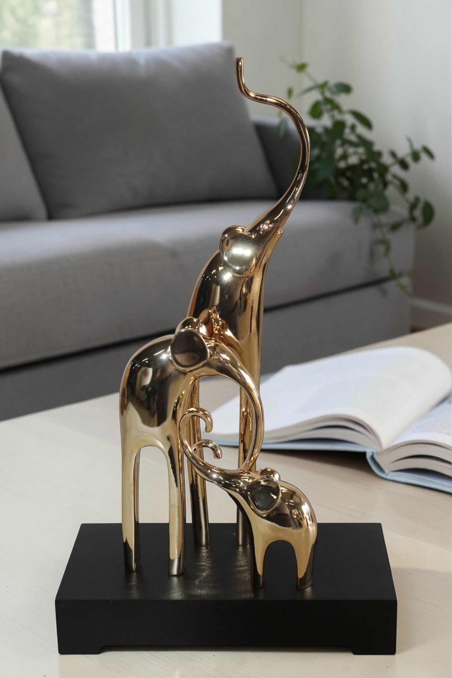 Gold Elephant Family Resin Statue on Black Base 11" x 5" x 8"H