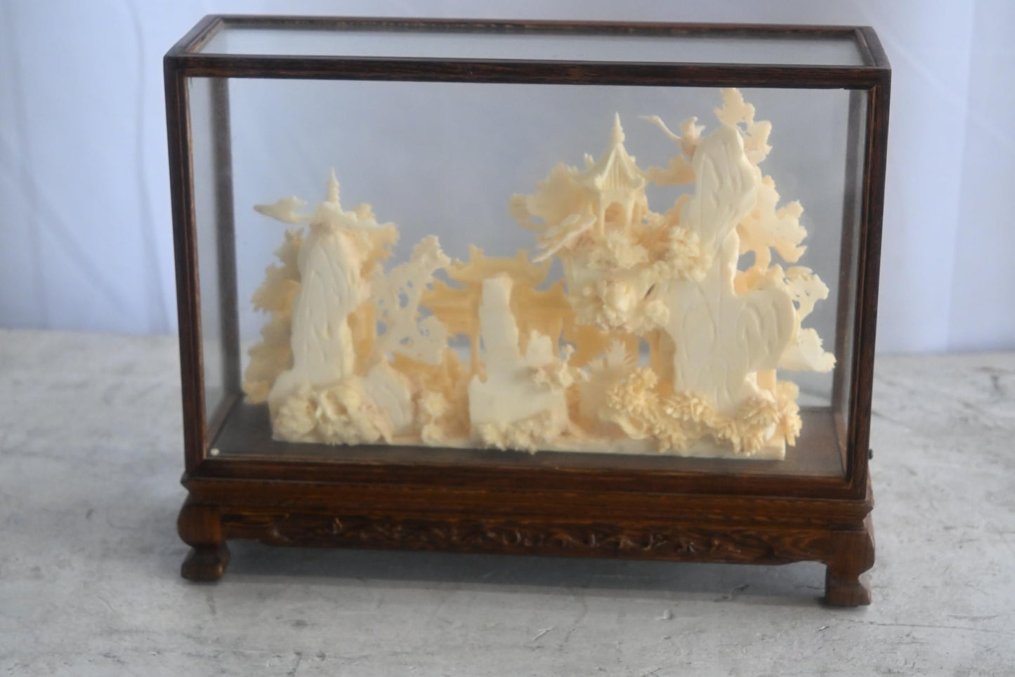 Carved Resin Chinese Bridge and Pavilion in Wood Case 12"x4"x9"H