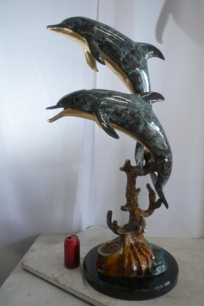 Large Bronze Dual Dolphin Coral Reef Sculpture Marble Base 18"x16"x39"H