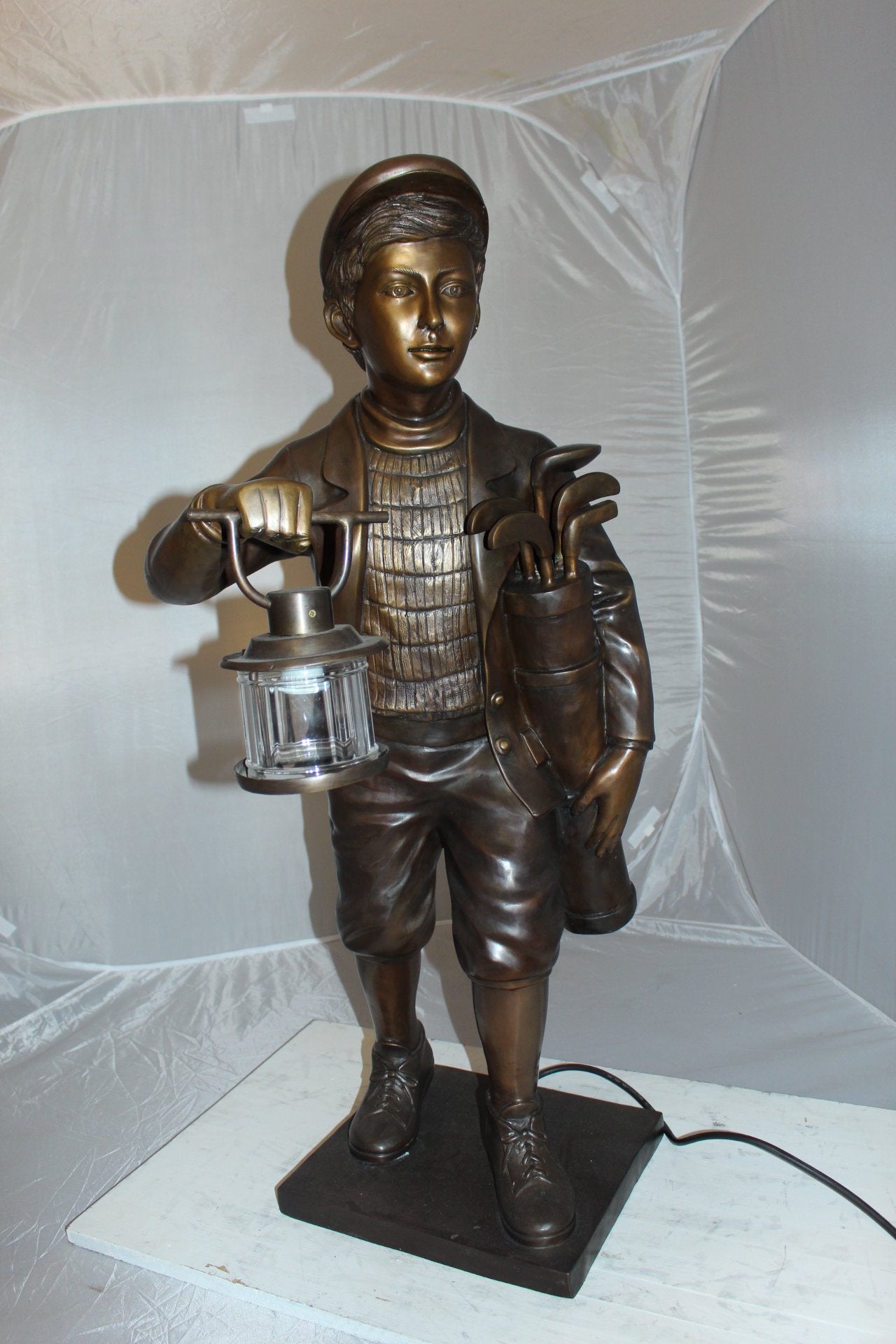 NIFAO Bronze Golf Caddy Statue with Light Lantern - 42" H Garden Sculpture