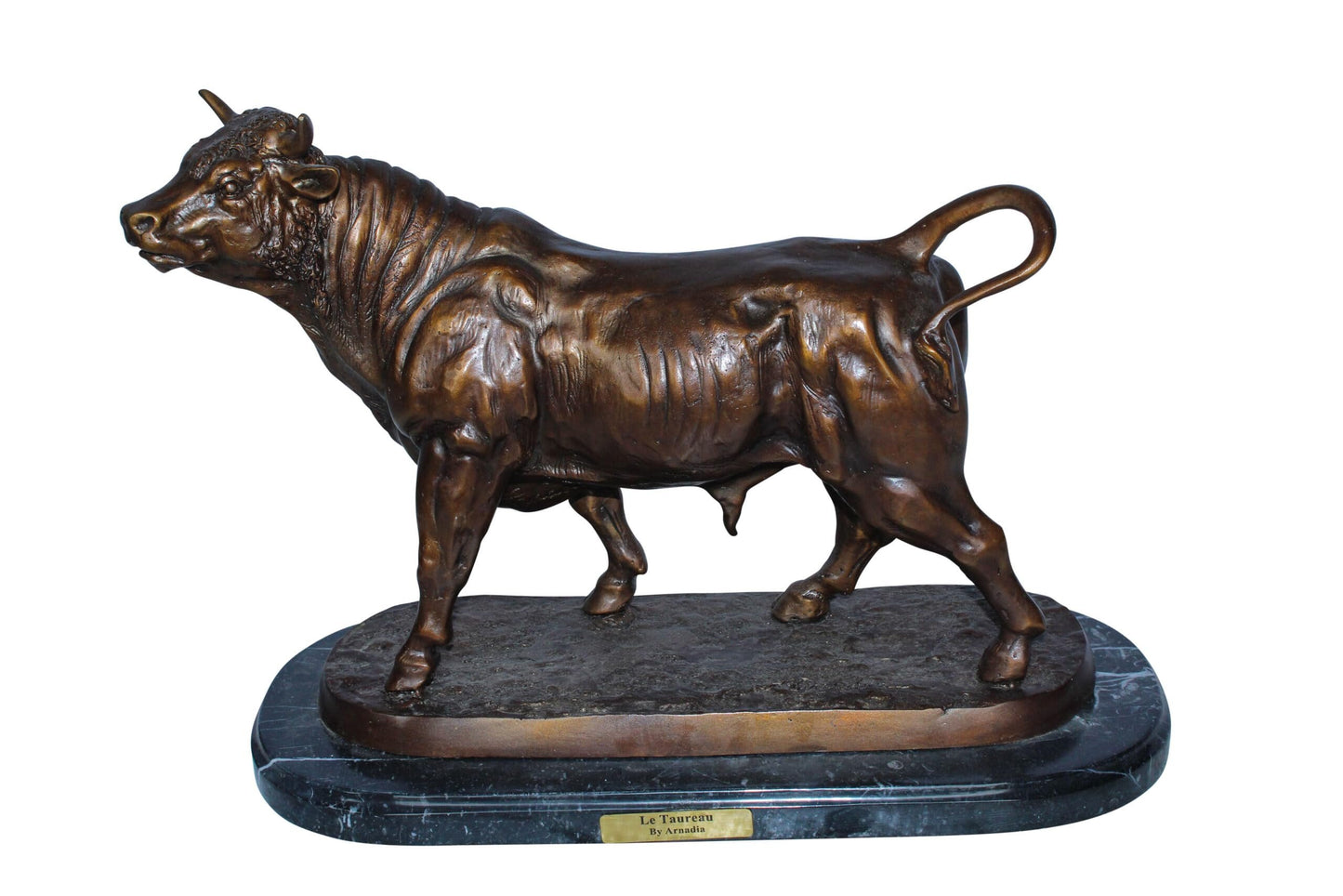Bronze Bull Statue Le Taureau by Arnadia on Marble Base 19" x 8" x 13"H