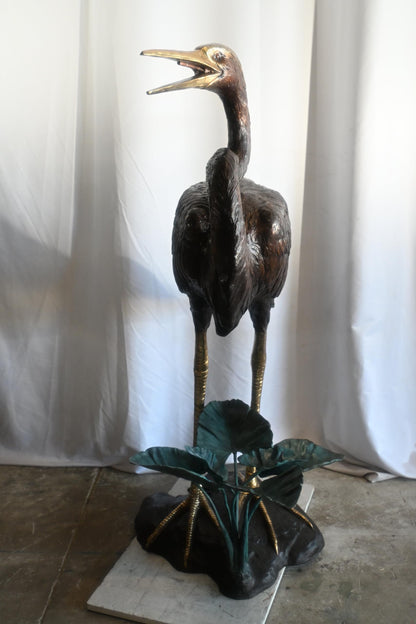 Large Bronze Heron Fountain Sculpture with Lily Pad Base 40"x29"x60"H