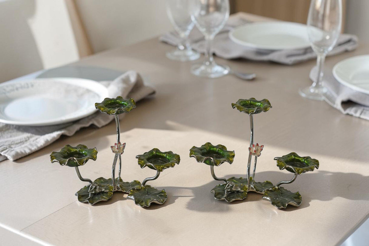 Two Sets of Candle Holders Made of Enameled Metal Size: 8" x 5" x 6"H