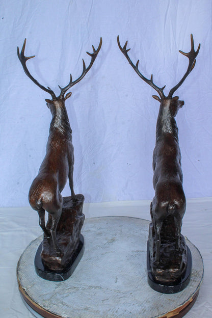 Pair of Bronze Deer Stag Statues Standing on Rock Base 14" x 10" x 28"H