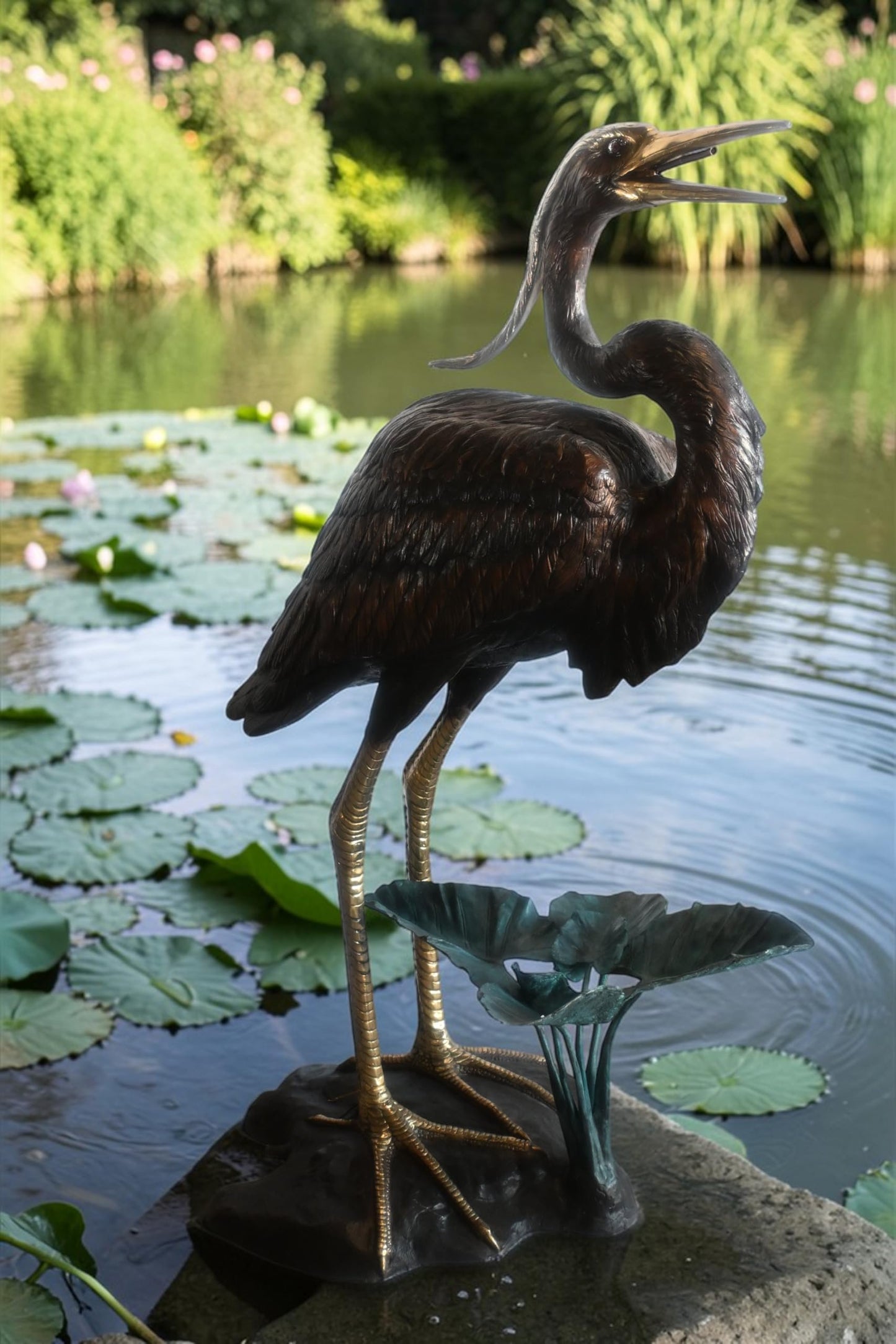 Large Bronze Heron Fountain Sculpture with Lily Pad Base 40"x29"x60"H