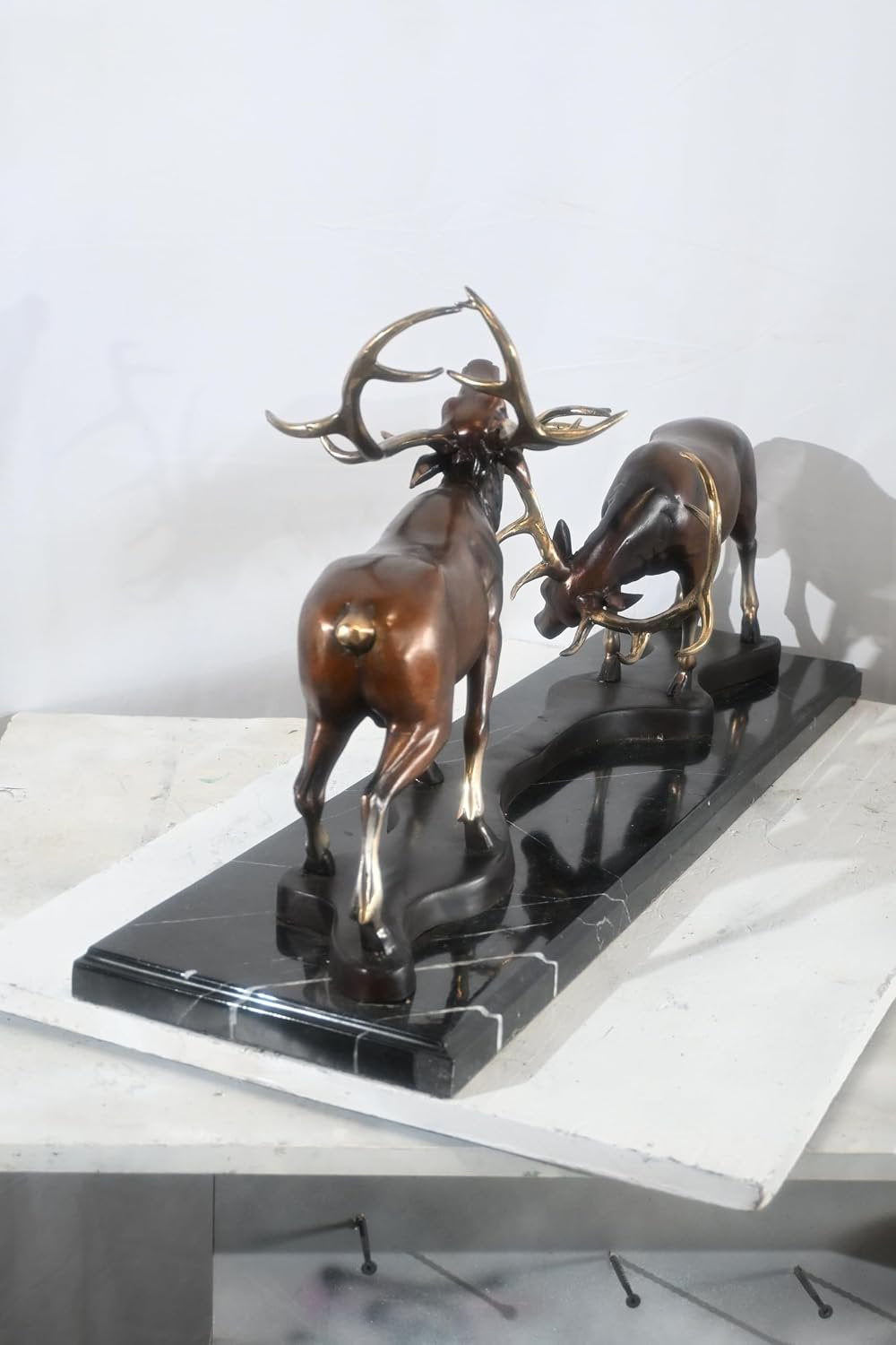 Bronze Locking Deer Stags Sculpture Marble Base 32"x8"x14"H