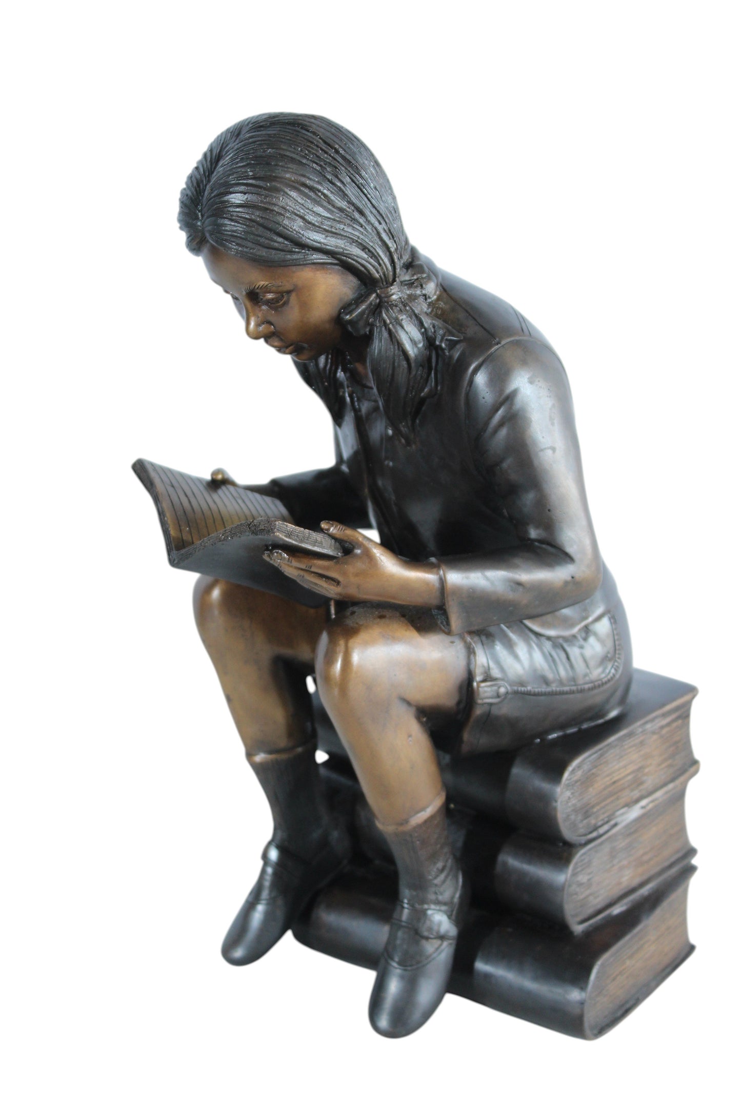 NIFAO Bronze Girl Reading Statue on Book Stack Library Sculpture Art 8" x 6" x 15"H