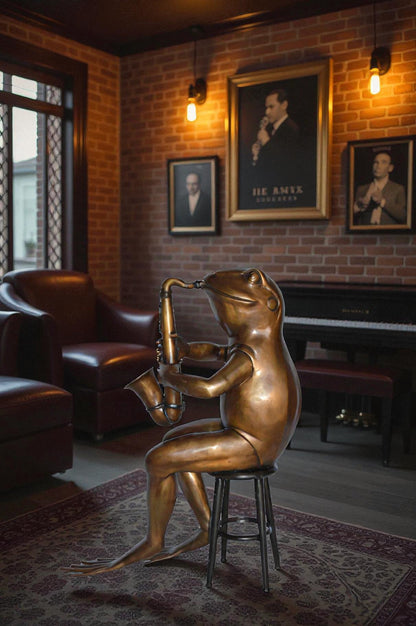 Frog playing saxophone bronze statue - Size: 23"L x 15"W x 30"H.