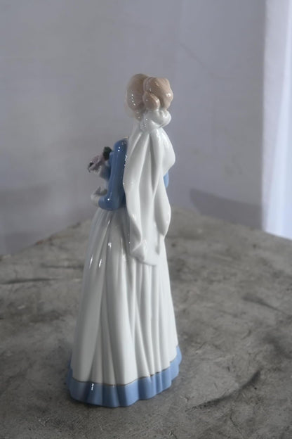 Porcelain Lady Blue Bodice White Skirt with Rose Bouquet 5"x4"x12"H
