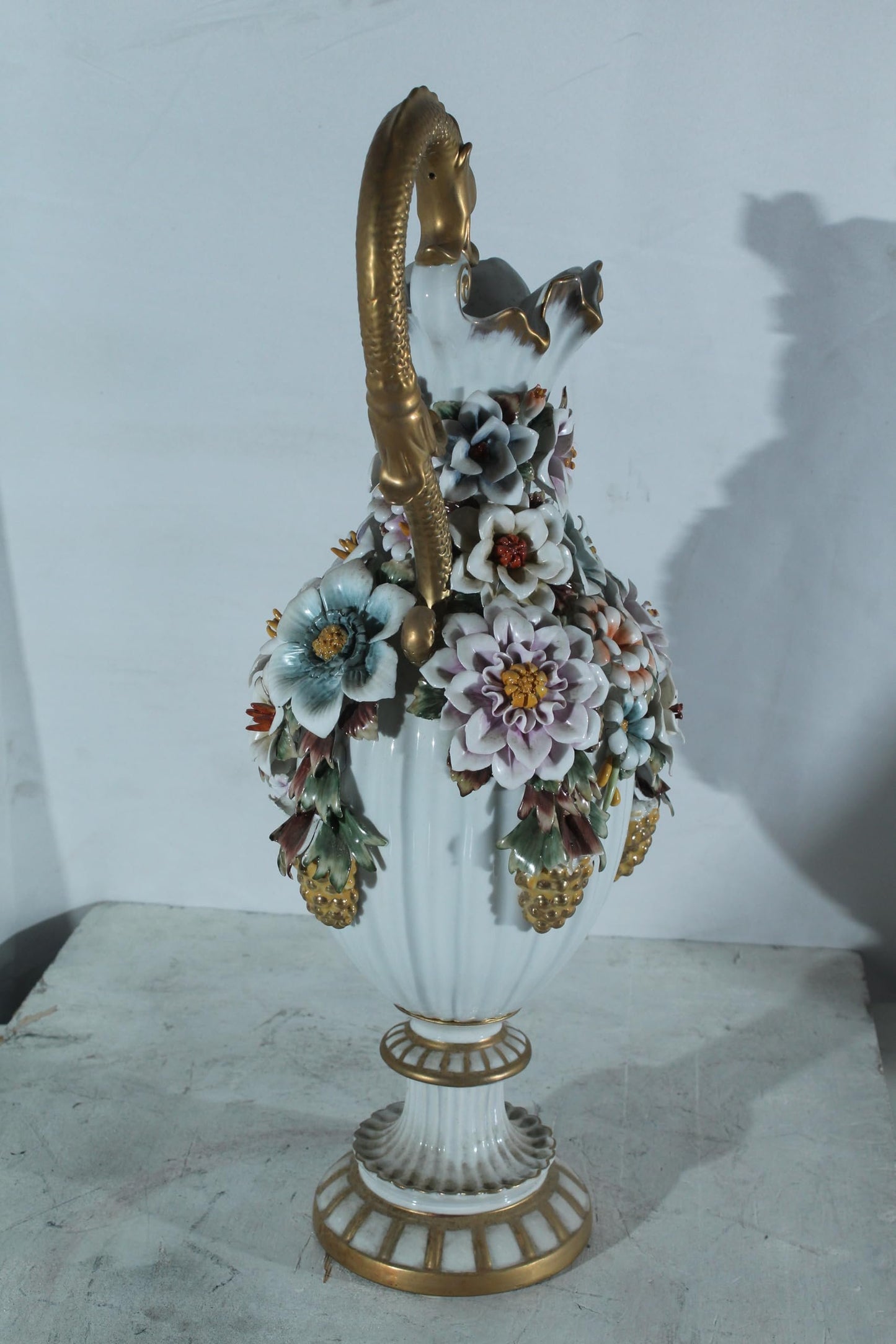 Porcelain Floral Ewer vase Ornate Handle 10"x7"x22"H