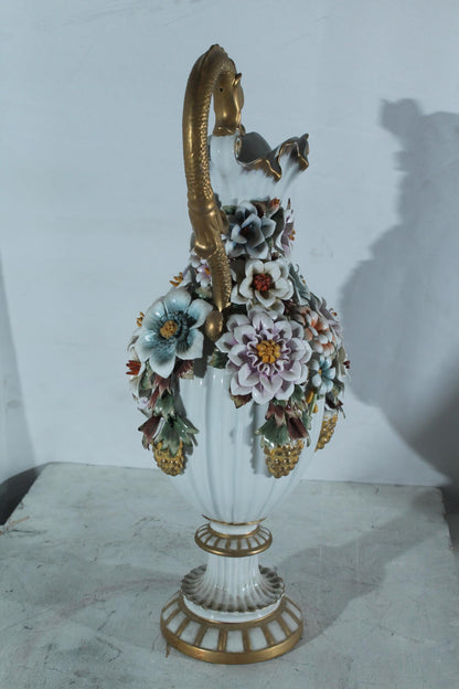 Porcelain Floral Ewer vase Ornate Handle 10"x7"x22"H