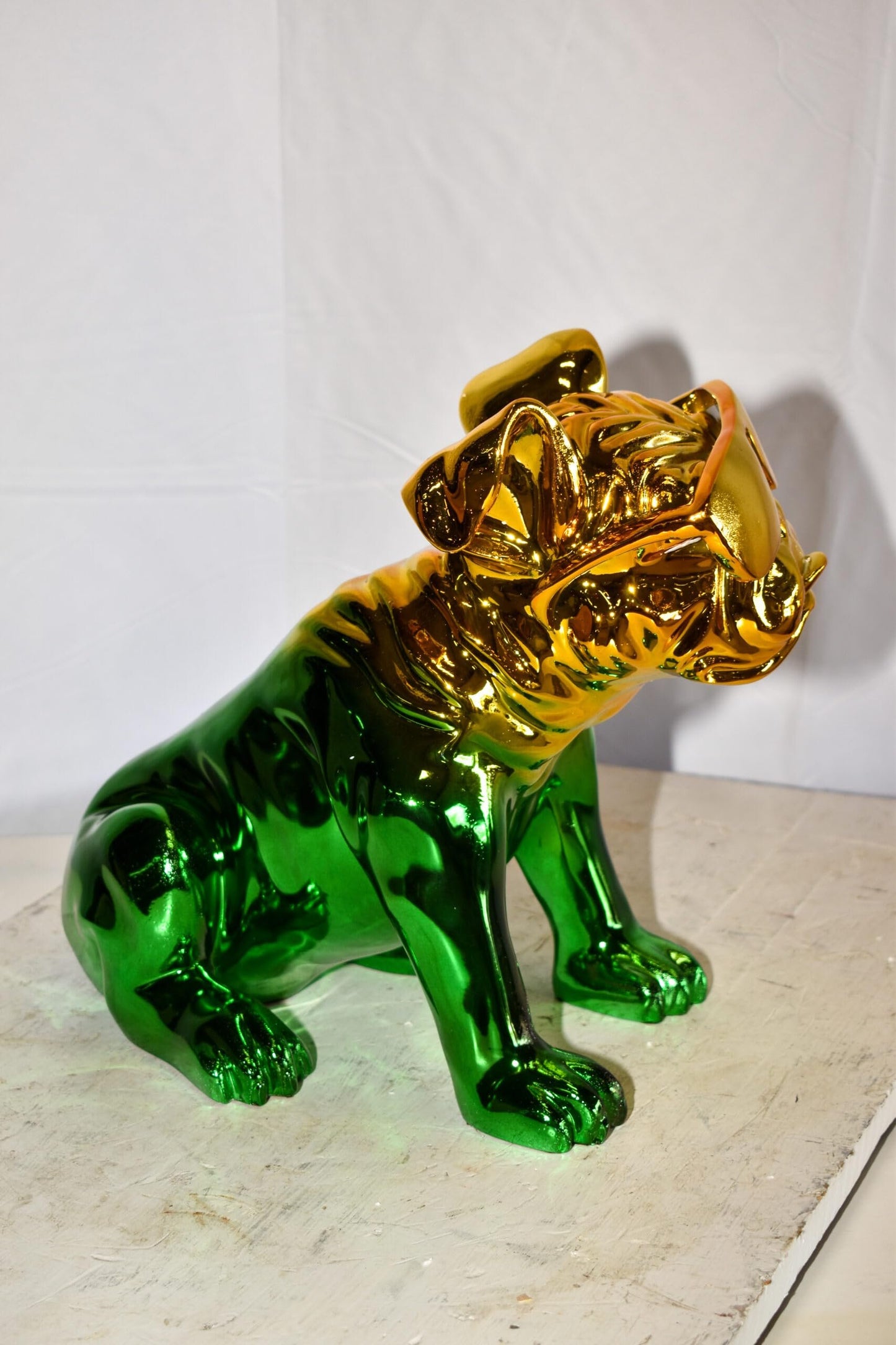 Ombre Green Chrome Bulldog Resin Statue - Pop Art Home Decor, 16"L x 9"W x 13"H