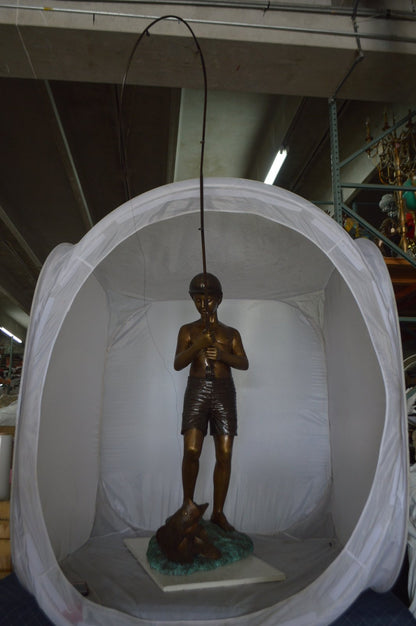 Standing Boy Fishing Fountain Bronze Statue -  Size: 58"L x 25"W x 72"H.