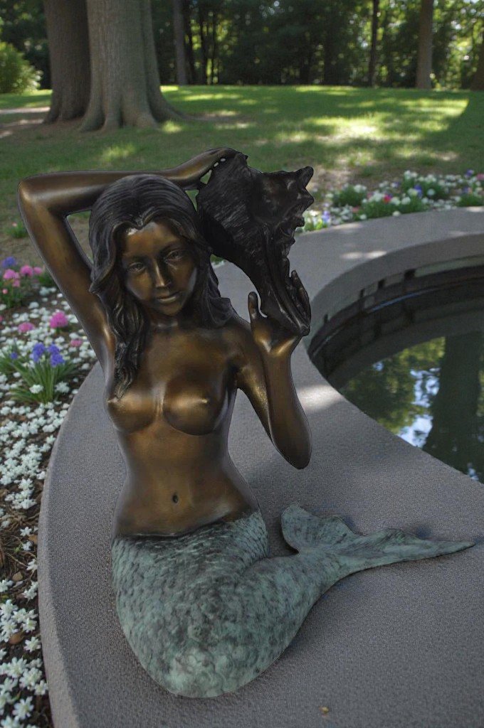 Mermaid with Conch  shell bronze statue -  Size: 16"L x 17"W x 21"H.