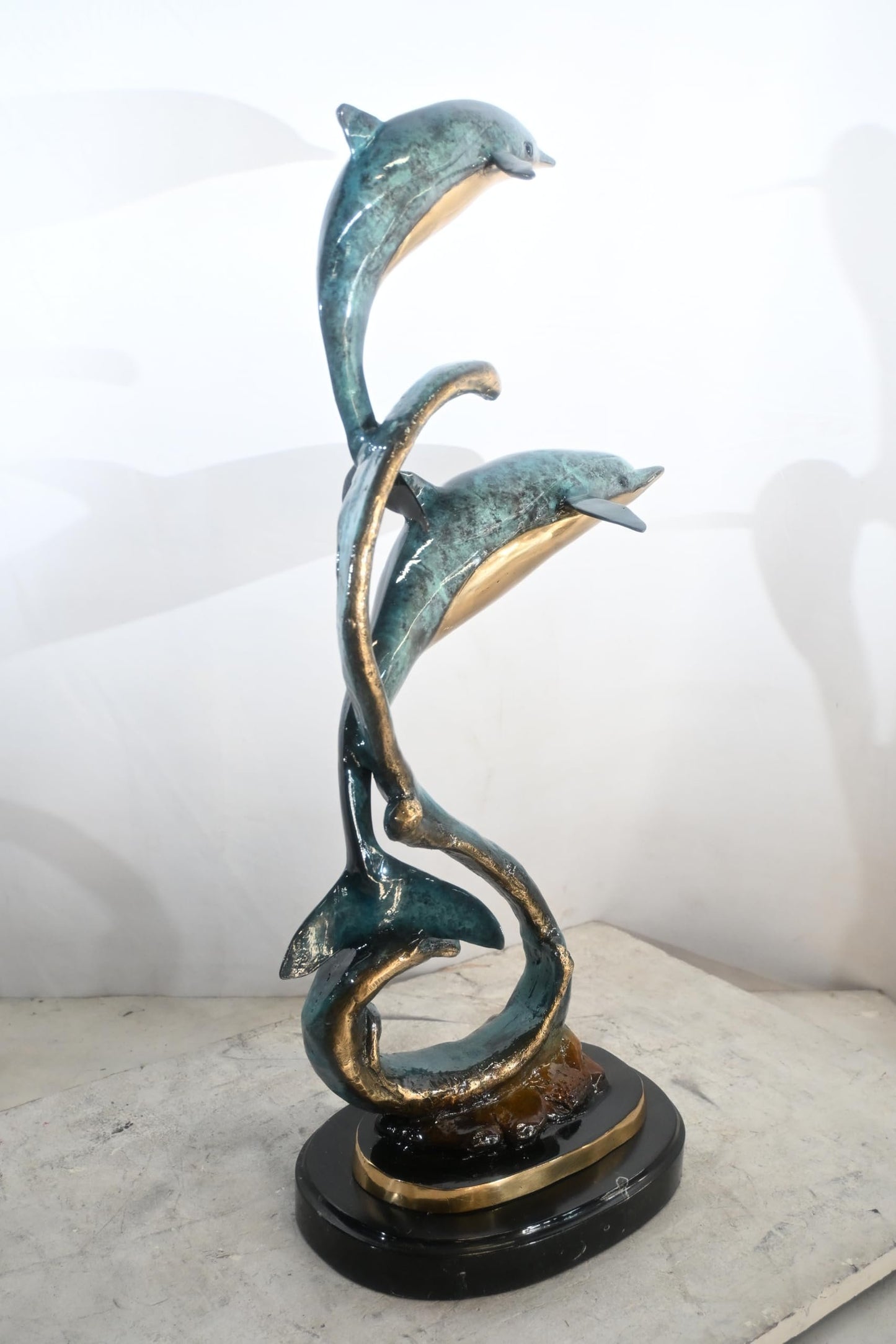 Two Dolphins Bronze Sculpture Spiral Formation 16"x11"x30"H