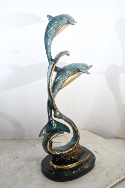 Two Dolphins Bronze Sculpture Spiral Formation 16"x11"x30"H