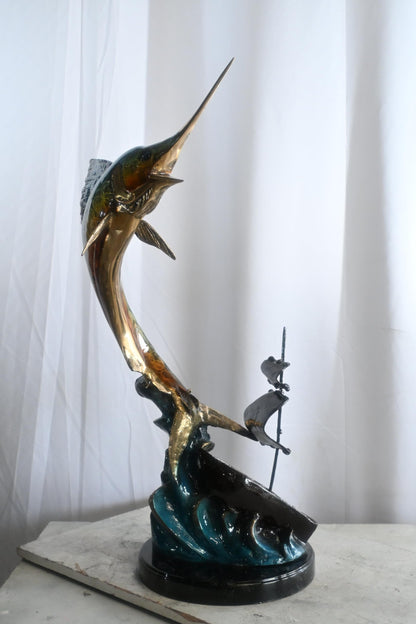 Leaping Marlin with Sailboat Bronze Sculpture 18"x18"x35"H