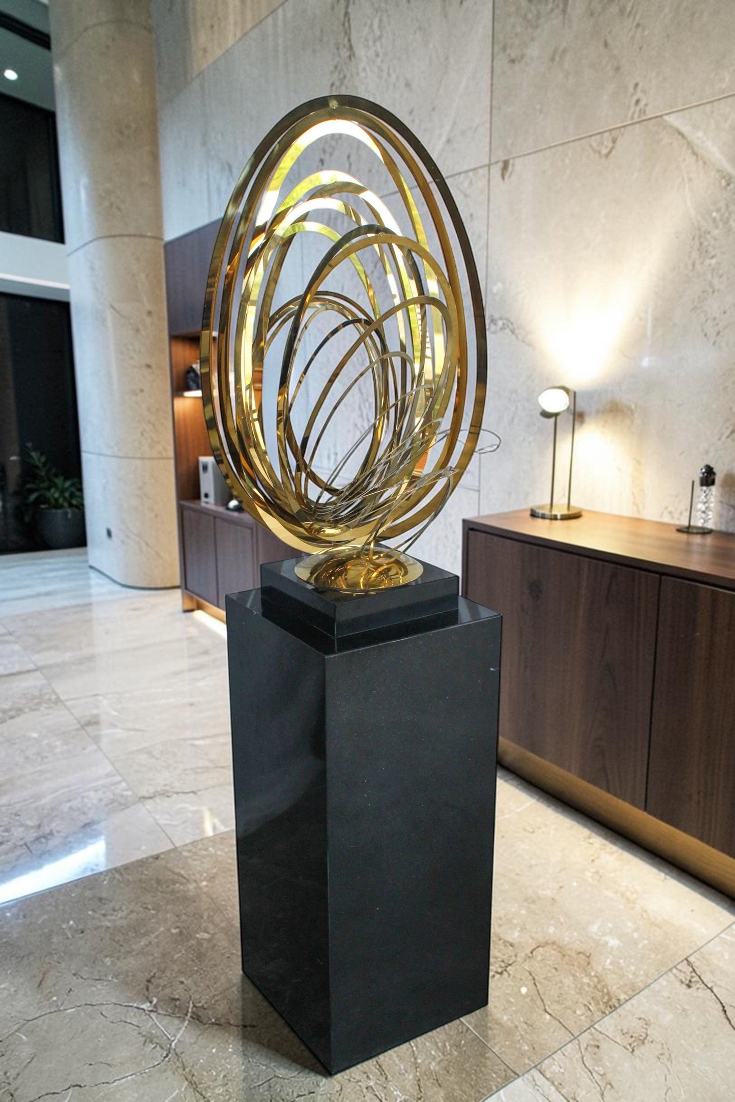 Modern Abstract Brass Sculpture with Black Pedestal Stand 18" x 14" x 67"H