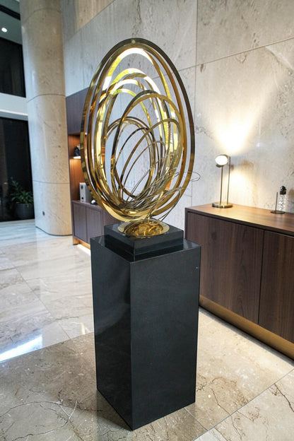 Modern Abstract Brass Sculpture with Black Pedestal Stand 18" x 14" x 67"H